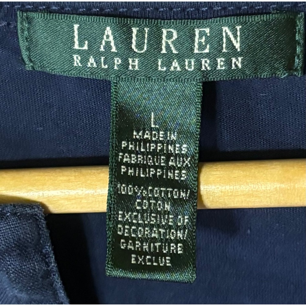 Lauren Ralph Lauren Womens Large Shirt Navy Blue Split Neck 3/4 Sleeve Cotton - Picture 3 of 5